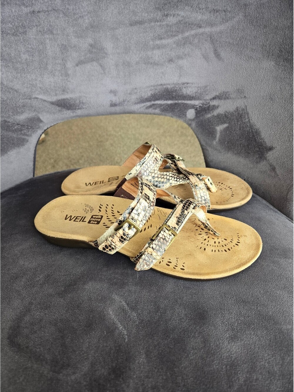 Dr Andrew Weil Spirit Snake Print Leather Orthotic Toe Post Sandals Women's 8